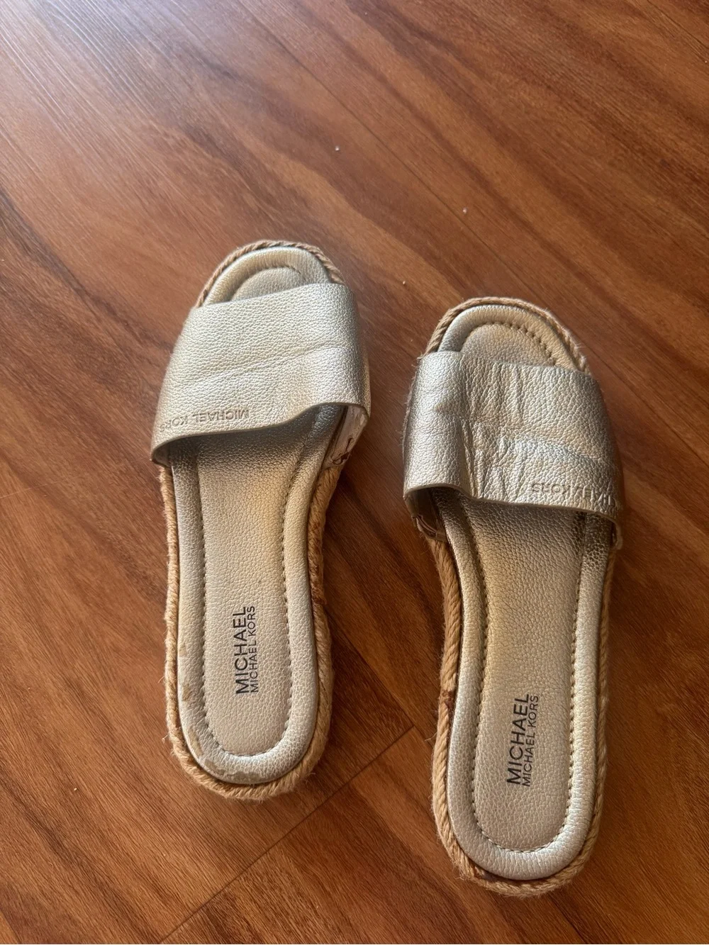 Michael Kors Metallic Gold Slide Sandals with Rope-Trim Sole